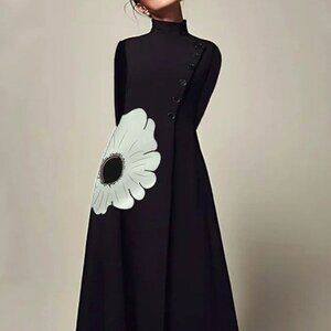 OceanusSwim Black Floral High Neck Midi Dress Long Sleeve A-Line